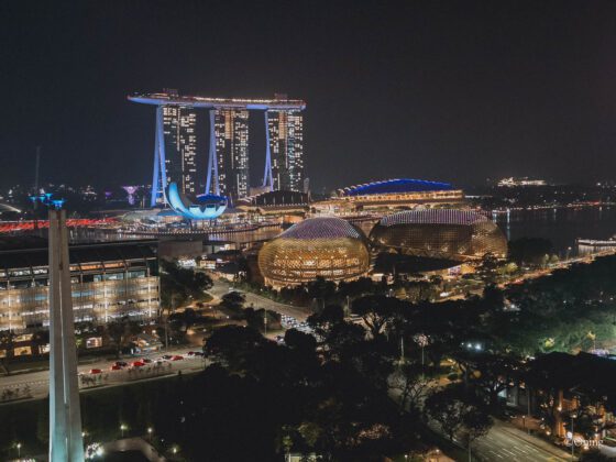 Marina Bay Sands skyline at night from Fairmont Singapore Signature Suite balcony