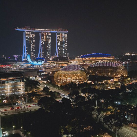 Marina Bay Sands skyline at night from Fairmont Singapore Signature Suite balcony